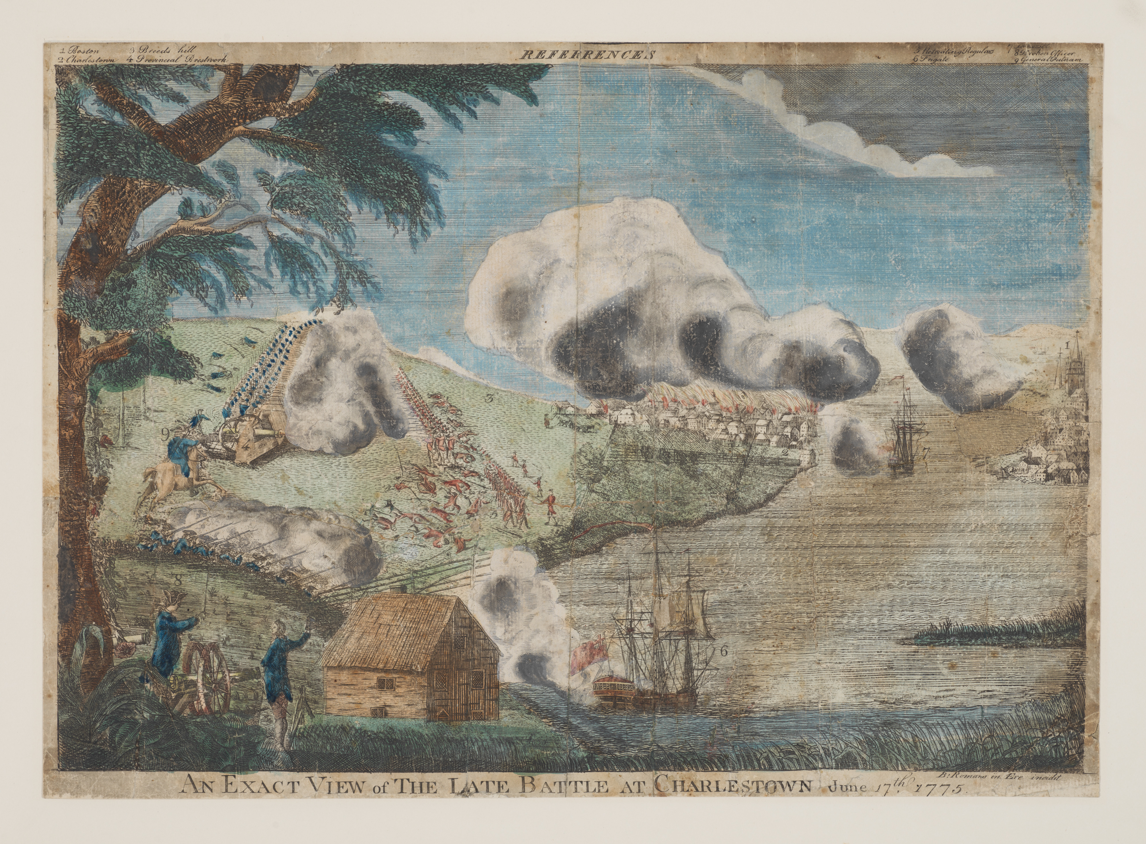 An Exact View of the Late Battle at Charlestown, June 17th, 1775. Engraving based on a work by Bernard Romans, published in The Pennsylvania Magazine, July 1775. General Putnam is the only officer named, labeled (9), on horseback with sword drawn.