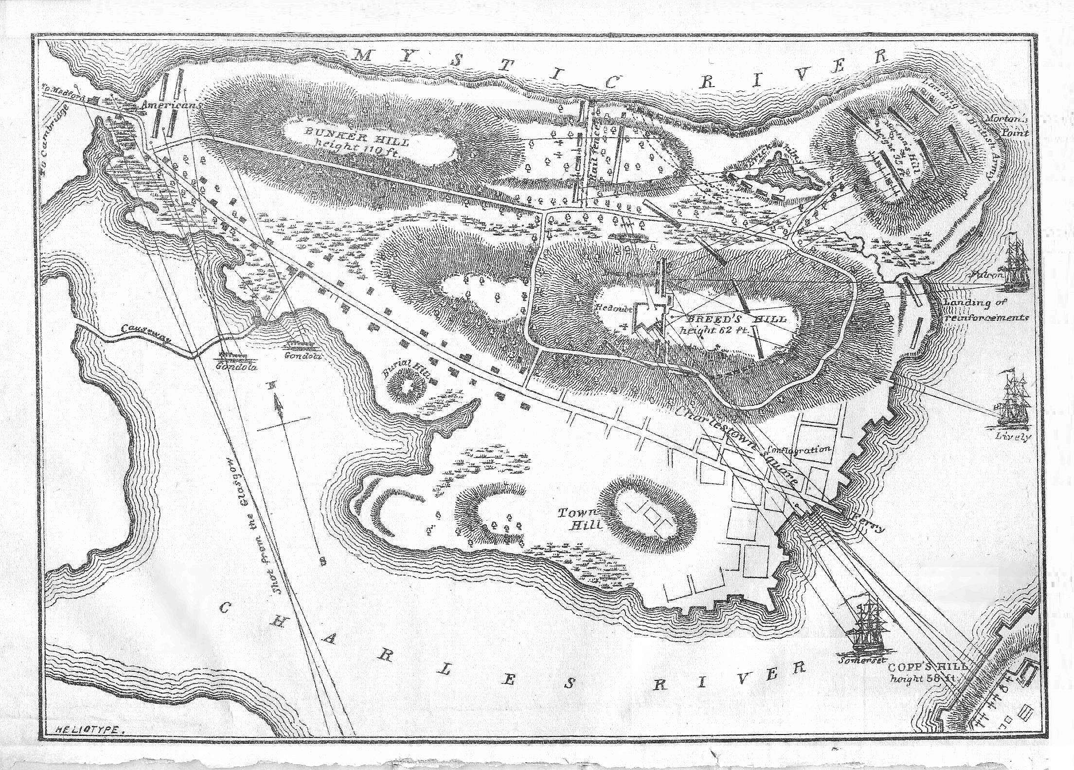 Illustrated map of the Charlestown peninsula showing Bunker Hill, Breed's Hill, the redoubt, rail fence, Mystic River, and Boston Harbor. From George E. Ellis, History of the Battle of Bunker's Hill, Boston, 1875.