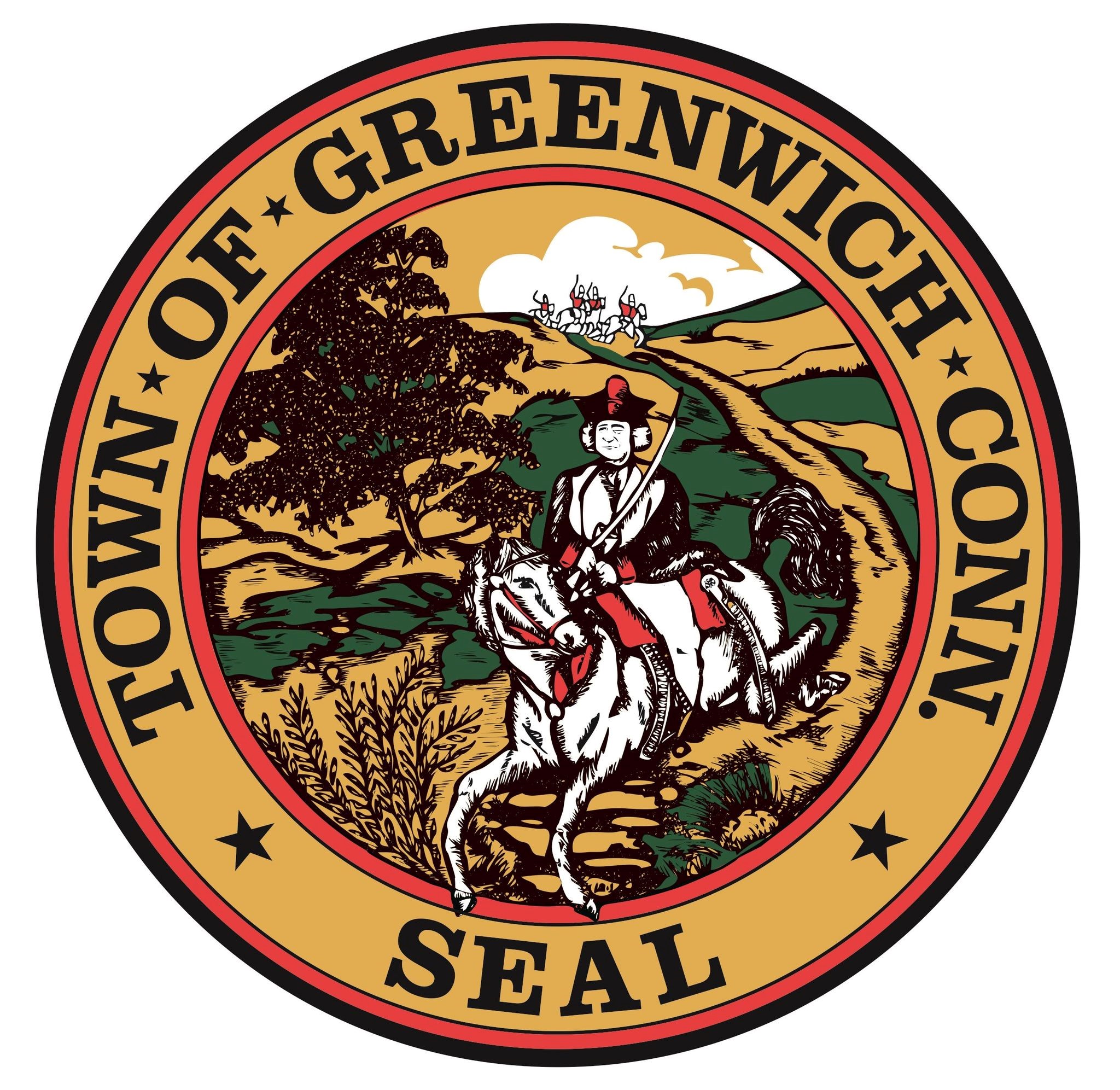Official seal of the Town of Greenwich, Connecticut, depicting General Putnam's famous ride at Horseneck.
