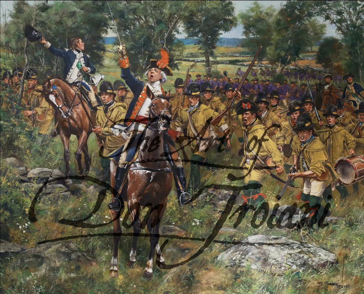 Don Troiani painting of General Israel Putnam on horseback, sword raised, rallying Continental troops at the Battle of Harlem Heights, 1776