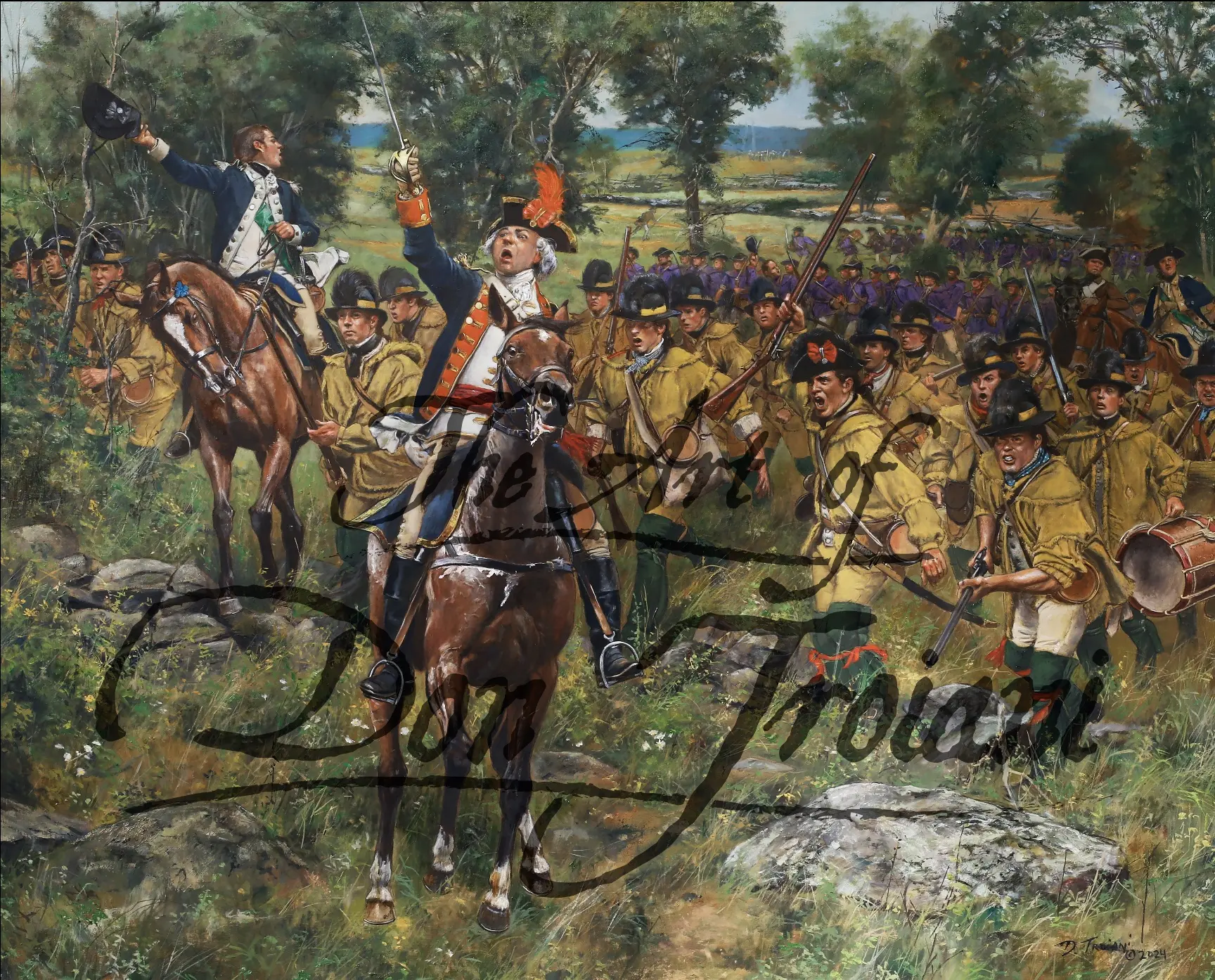 Don Troiani painting of General Israel Putnam on horseback, sword raised, rallying Continental troops at the Battle of Harlem Heights, 1776