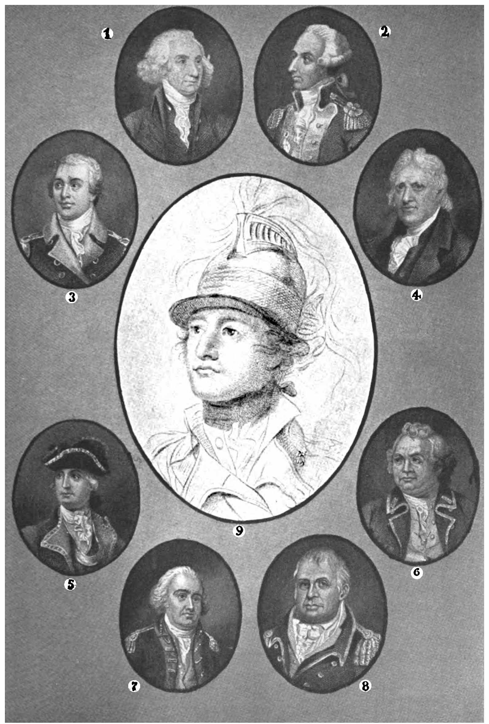 Composite portrait of Washington's generals: 1. Schuyler, 2. Lafayette, 3. Greene, 4. Clinton, 5. Howe, 6. Putnam, 7. Lamb, 8. Heath. Putnam held position #6 among the senior leadership.